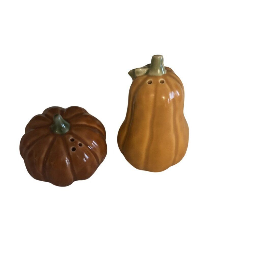 Celebrate Fall Together Pumpkin Gourd Salt‎ & Pepper Shaker Set Autumn Stoneware
